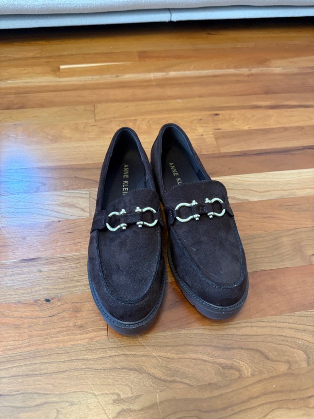 Anne Klein WoMen’s Brown Suede Loafers with gold Hardware